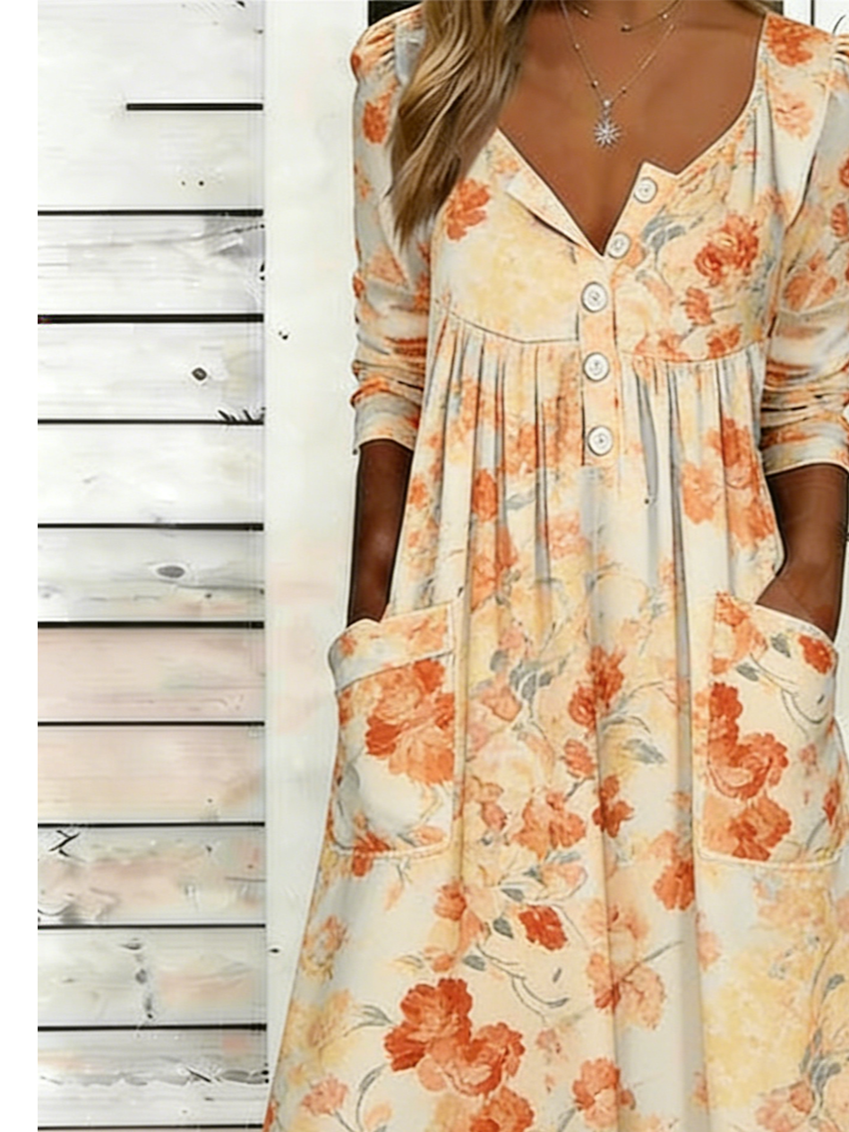 Floral Loose Half Open Collar Casual Dress With No