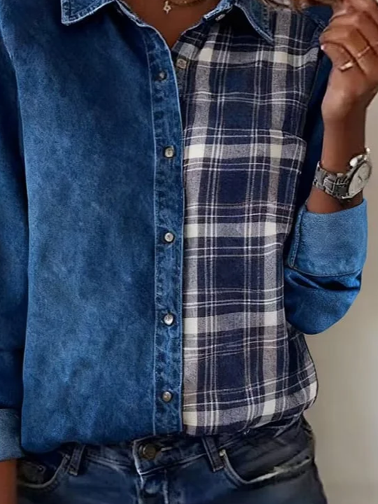 Women's Long Sleeve Shirt Spring/Fall Blue Faux Denim Print Graphic Buckle Shirt Collar Regular Sleeve Daily Going Out Casual Top