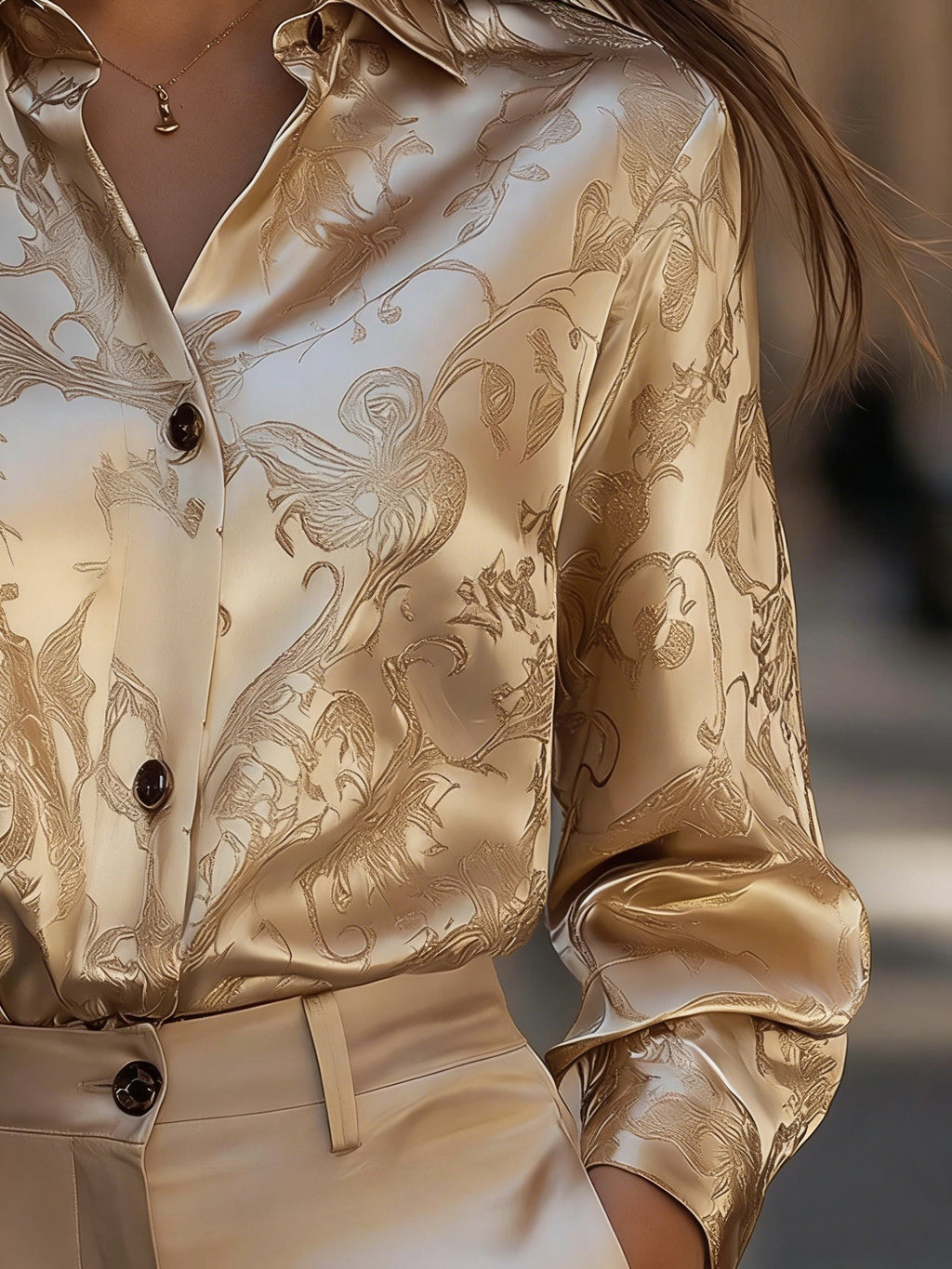 Satin Floral Pattern Elegant Floral Going Out Shirt