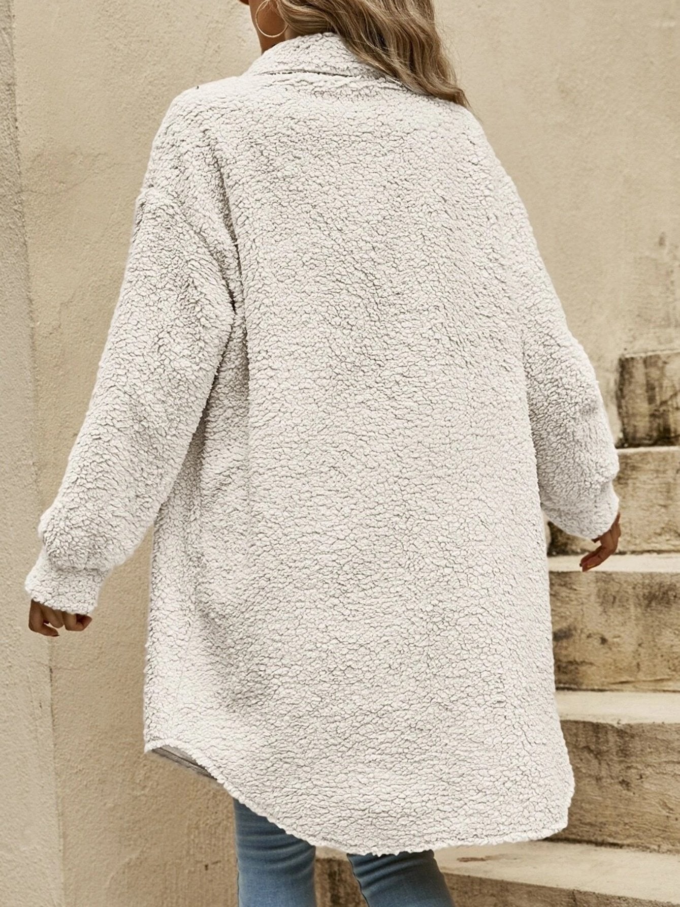 Fluff/Granular Fleece Fabric Plain Shawl Collar Elegant Coat