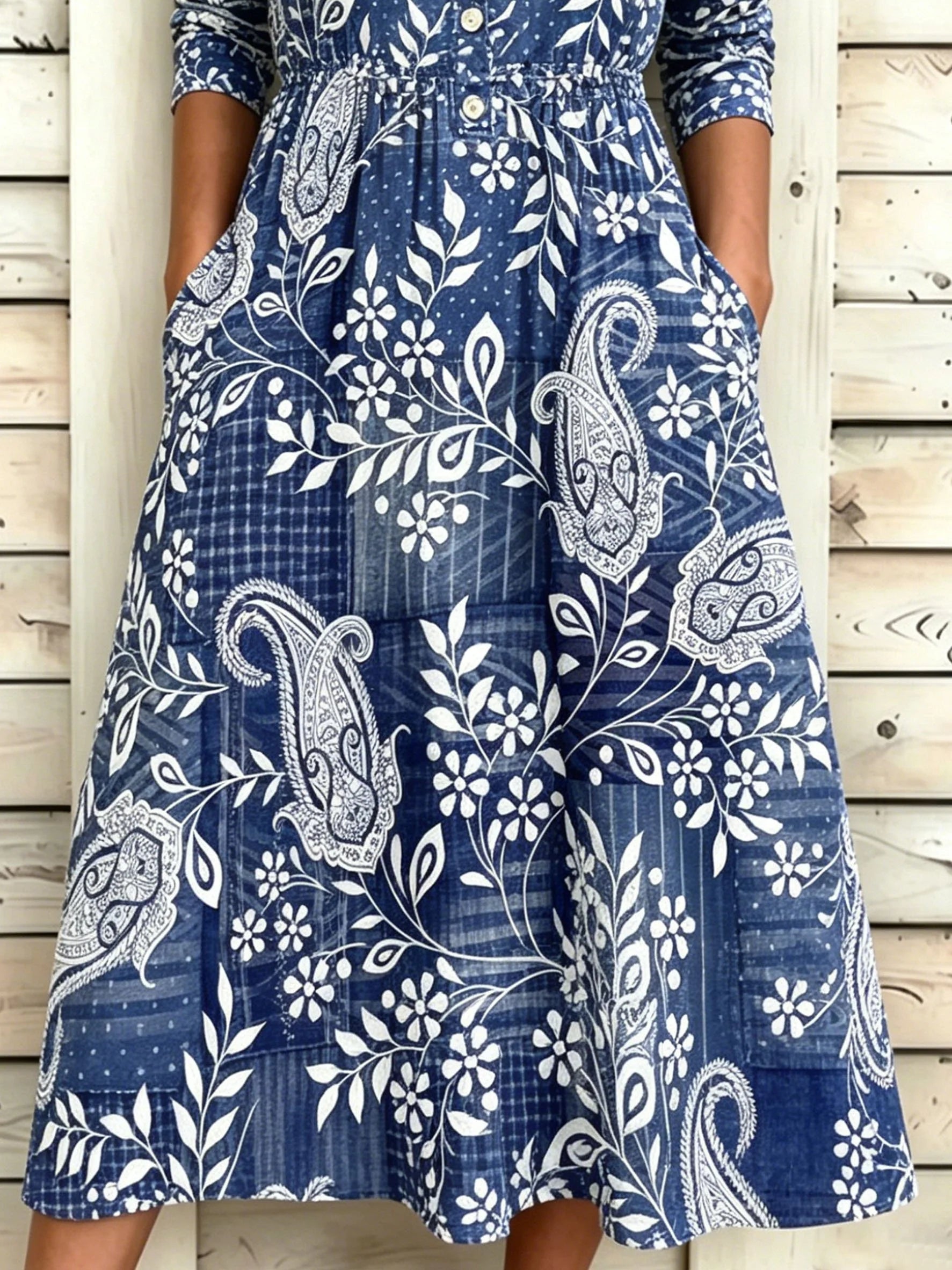 Paisley Print Half Sleeve Round Neck Button A-Line Vintage Casual Dress
