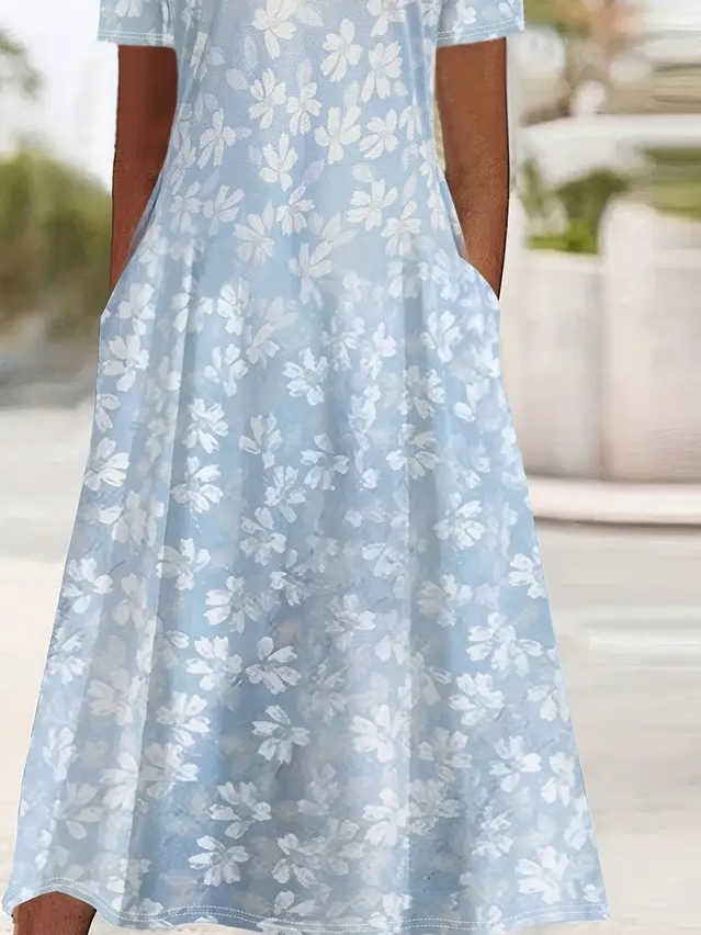 Crew Neck Casual Floral Dress With No